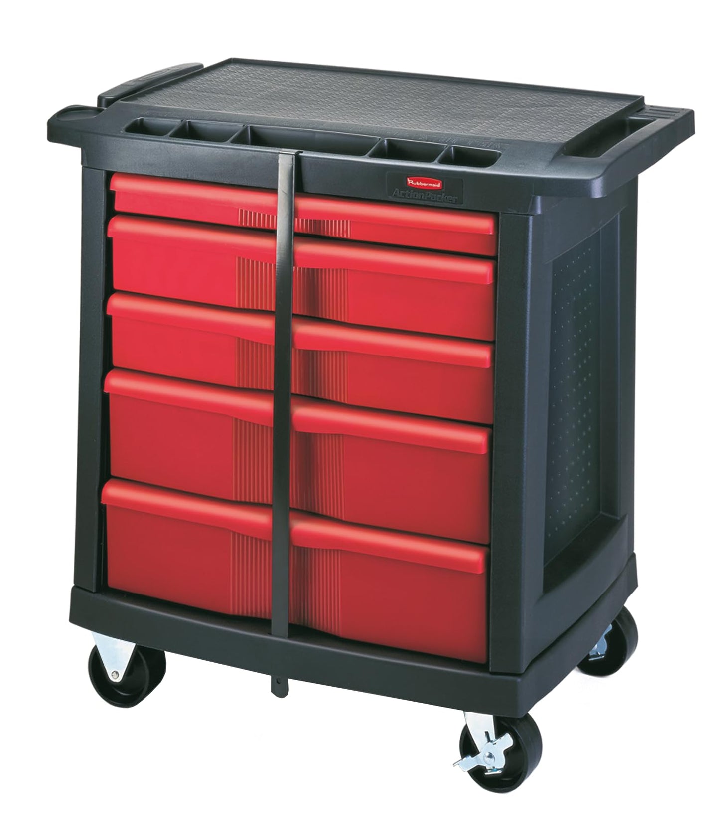 Rubbermaid Commercial Trademaster 5 Drawer Mobile Work Center, 33" L x 20" W x 34" H, Black/Red (FG773488BLA)