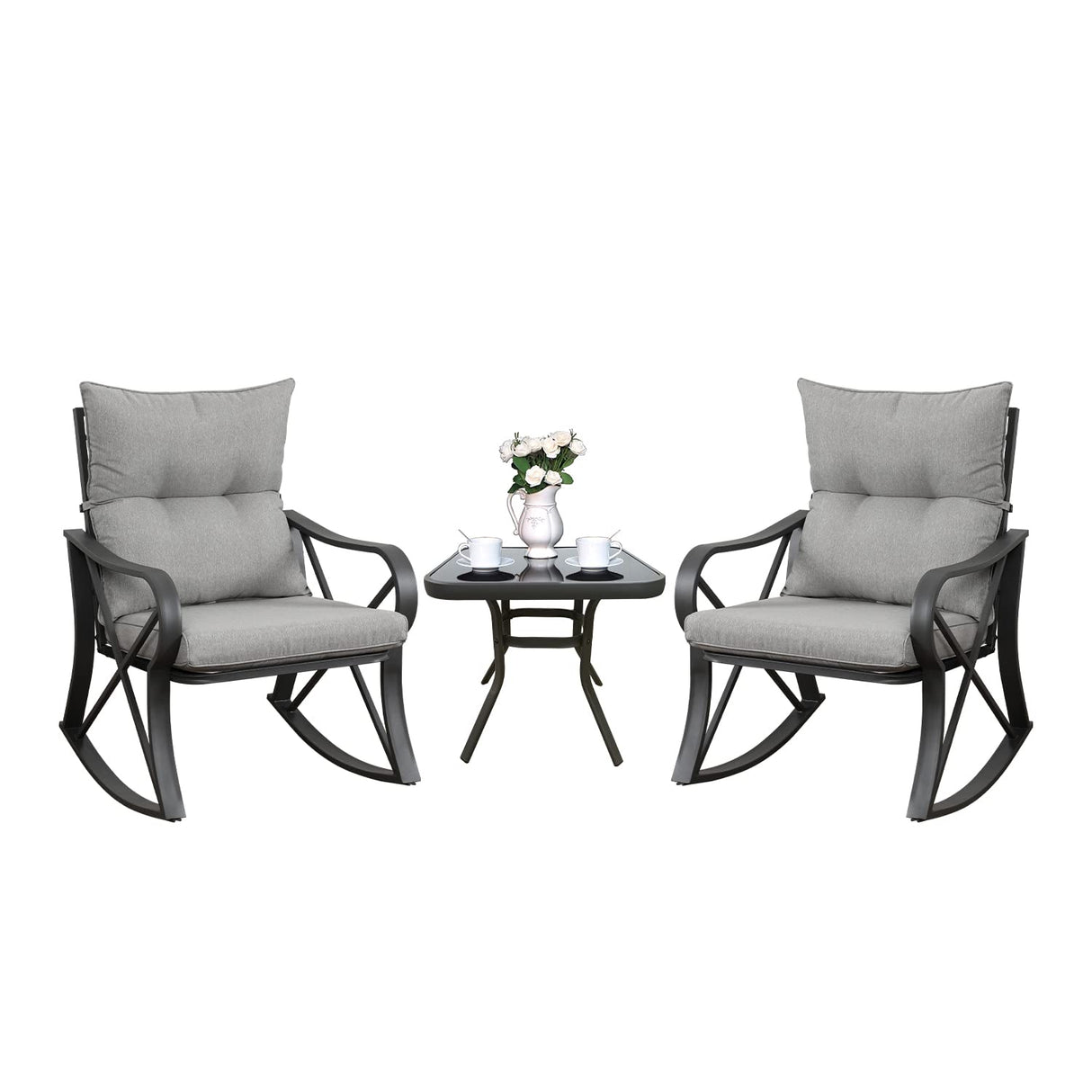 COSIEST 3 Piece Bistro Set Patio Rocking Chairs Outdoor Furniture w Warm Gray Cushions, Glass-Top Table for Garden, Pool, Backyard COSIEST
