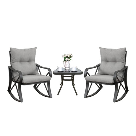 COSIEST 3 Piece Bistro Set Patio Rocking Chairs Outdoor Furniture w Warm Gray Cushions, Glass-Top Table for Garden, Pool, Backyard COSIEST