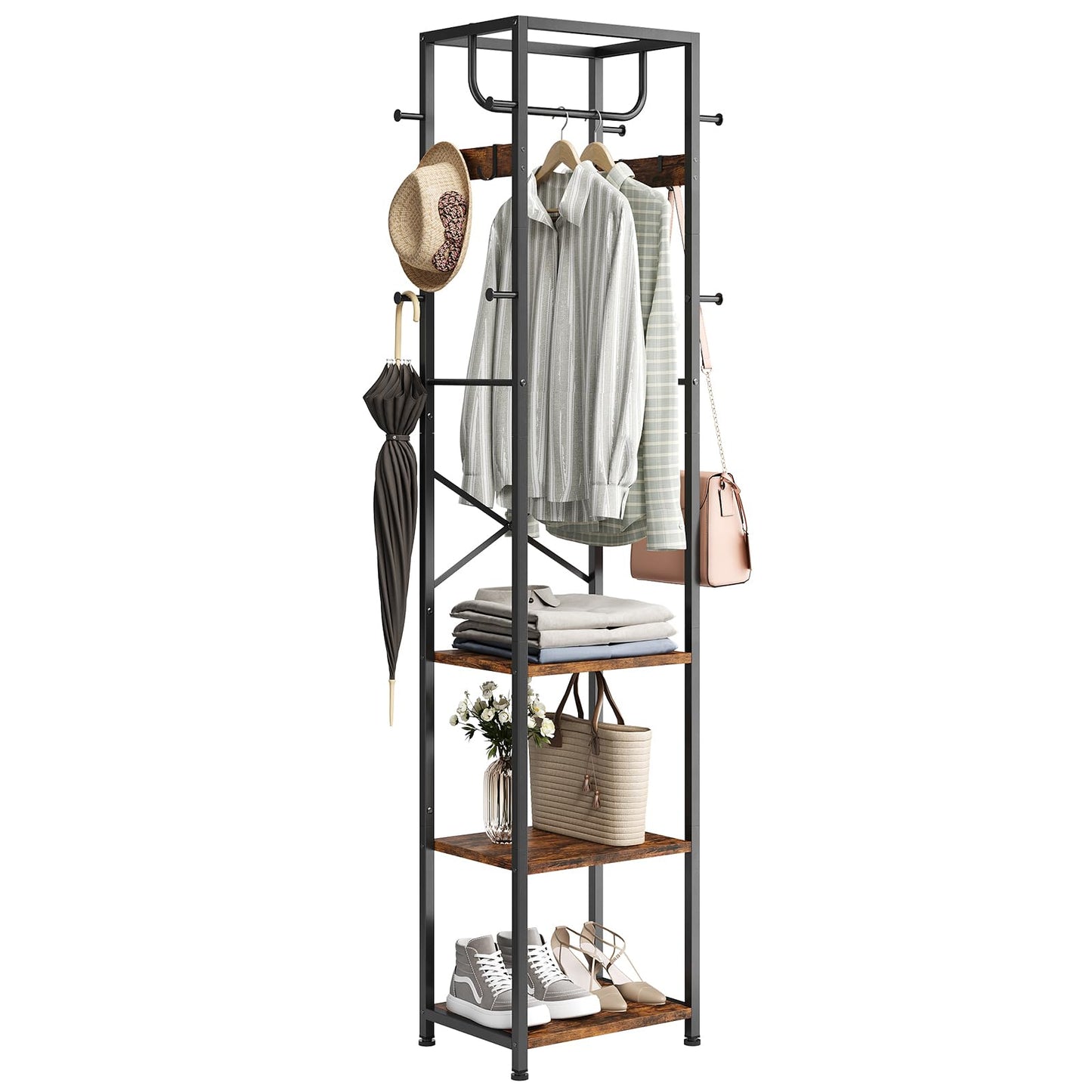 ELYKEN Coat Rack Freestanding, Hall Tree with 3 Storage Shelves and 12 Hooks, Industrial Clothes Rack Stand Organizer for Bedroom, Hallway, Entryway, Office, Living Room, Rustic Brown