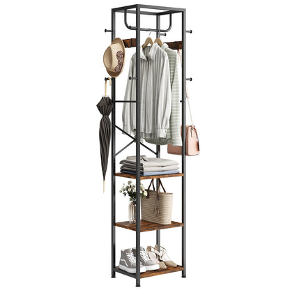 ELYKEN Coat Rack Freestanding, Hall Tree with 3 Storage Shelves and 12 Hooks, Industrial Clothes Rack Stand Organizer for Bedroom, Hallway, Entryway, Office, Living Room, Rustic Brown