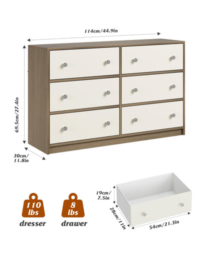 Nicehill 6 Drawers Dresser for Bedroom, Fabric Storage Tower,Dresser & Chest of Drawers Organizer,Storage Cabinet,Hallway, Closets, Living Room,Wooden Dresser（Light Wood Grain and White） - WoodArtSupply