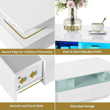 DWVO LED Coffee Table with Storage 4 Drawers, Modern High Glossy Coffee Tables for Living Room, White Rectangle Coffee Table Small Center Table with Open Display Shelf & Sliding Drawers, White DWVO