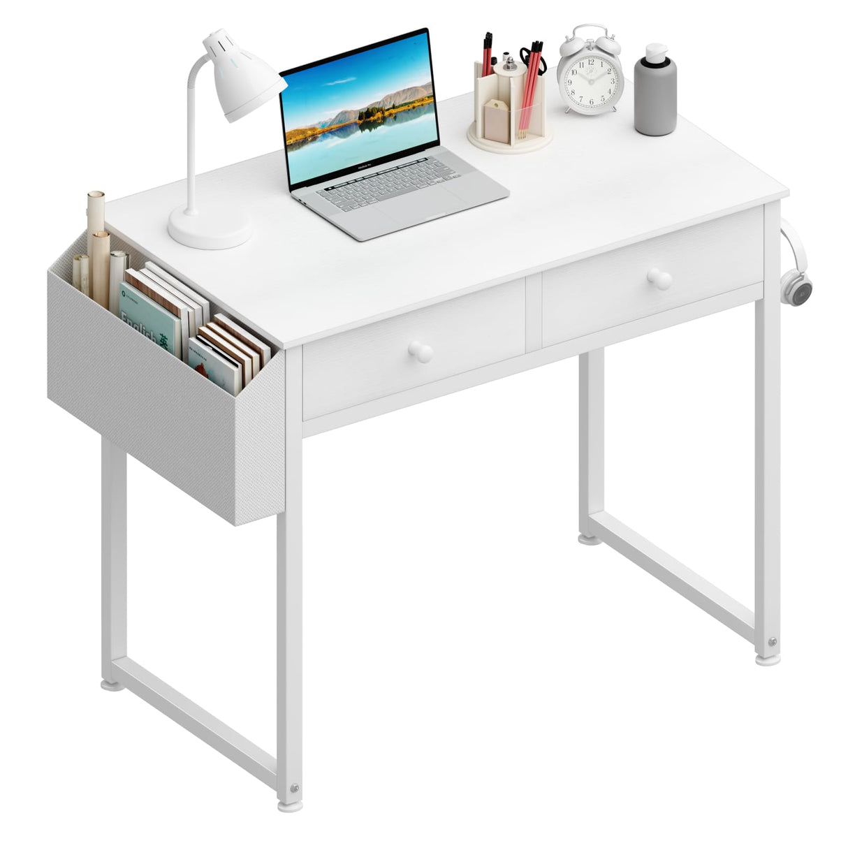 Lufeiya Small White Desk with Drawers - for Bedroom, 32 Inch Home Office Computer Desk with Fabric Storage Drawer and Bag, Study Writing Table for Small Spaces, White Lufeiya
