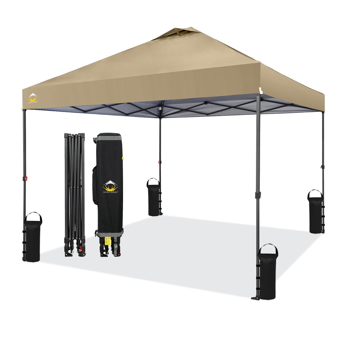 CROWN SHADES 10x10 Pop Up Canopy - Beach Tent with One Push Setup - Outdoor Canopy Tent with STO-N-Go Cover Bag for Events, Parties, Silver Coated Top, 3 Height & 4 Sand Bags,Khaki CROWN SHADES