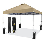 CROWN SHADES 10x10 Pop Up Canopy - Beach Tent with One Push Setup - Outdoor Canopy Tent with STO-N-Go Cover Bag for Events, Parties, Silver Coated Top, 3 Height & 4 Sand Bags,Khaki CROWN SHADES