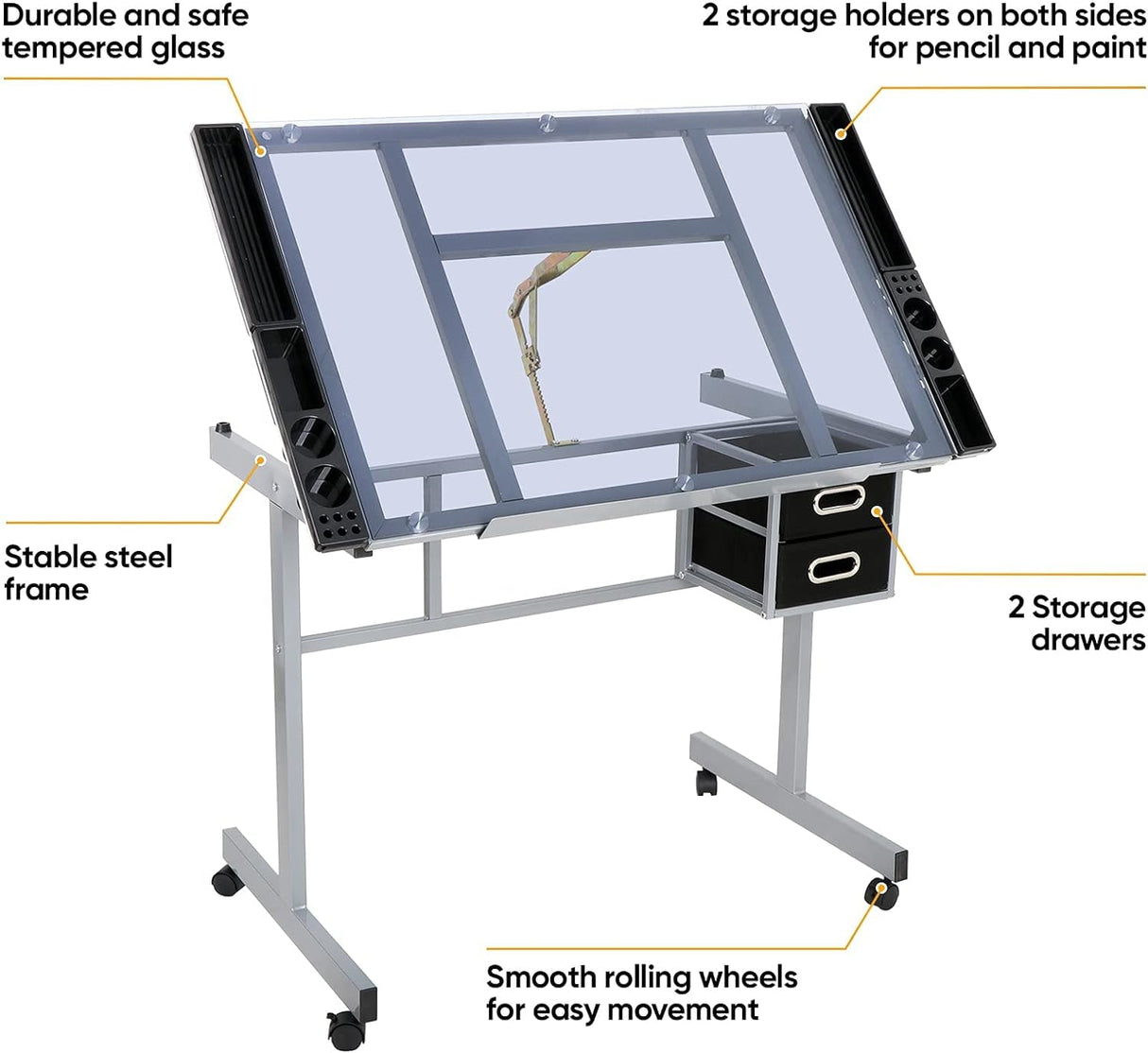 Oteymart Adjustable Drafting Table with Glass Tabletop, Art Desk and Craft Work Station, Includes 2 Slide Drawers and Wheels for Home Office, Ideal for Reading, Writing, and Painting Oteymart