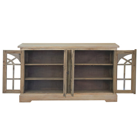 Sunset Trading Cottage Arched Glass Door Credenza Solid Wood Display Cabinet | Fully Assembled Sideboard Buffet Server, 63" Wide, Distressed Sunset Trading