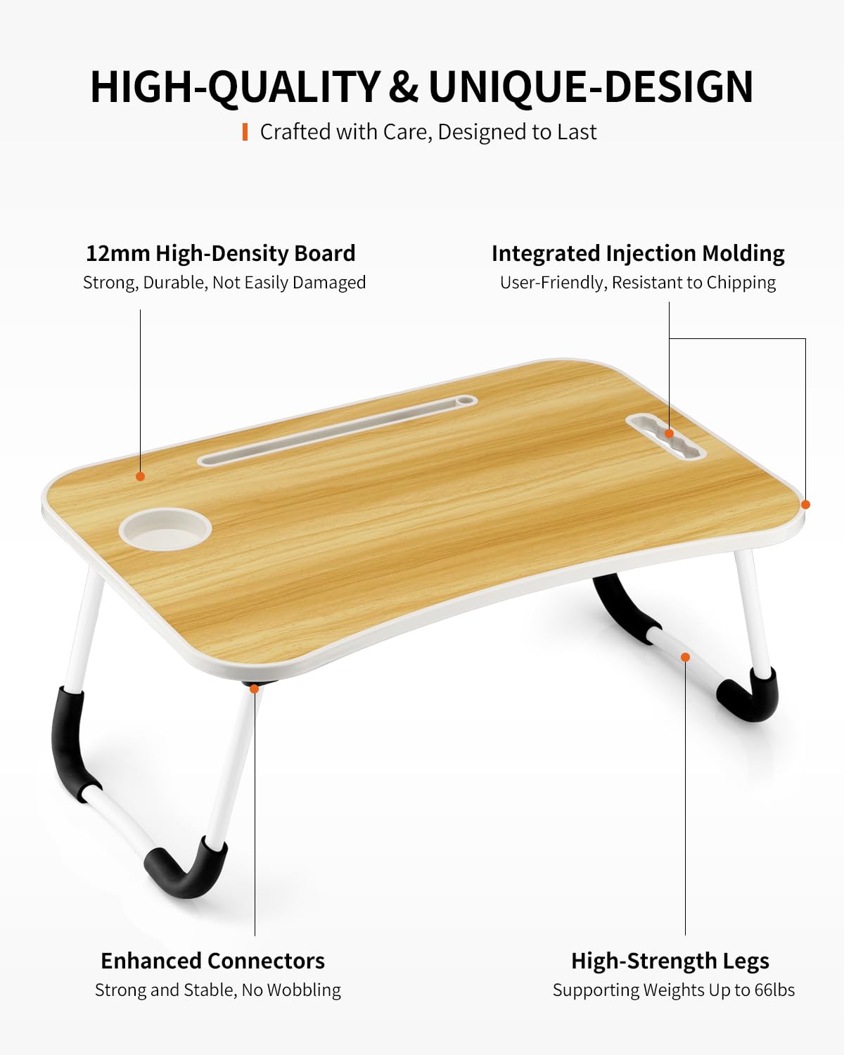 FISYOD Foldable Laptop Table, Portable Lap Desk Bed Table Tray, Laptop Stand with Cup Holder & Tablet Slot & Lifting Handle for Working Writing Drawing & Eating (Wood) FISYOD