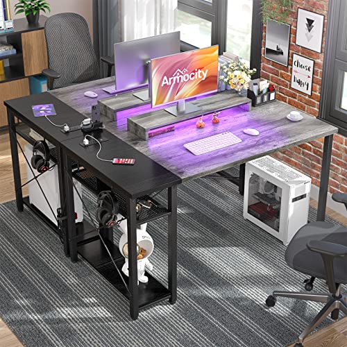 armocity Computer Desk with LED, Gaming Desk with Outlets, 40 Reversible Laptop Table with Monitor Stand, Small Desk for Small Spaces, Grey/Black armocity