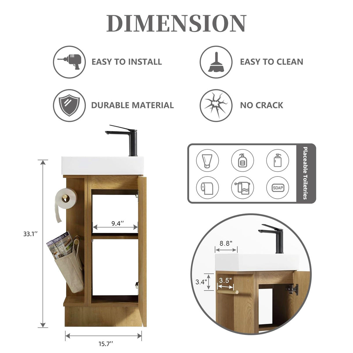 JINDOLI 16“ Bathroom Vanity Sink Combo for Small Space, Modern Floor-standing Small Bathroom Vanity with Sink, Small Bathroom Sink Cabinet Set with 2 Toilet Paper Holders, Snaefell Oak JINDOLI