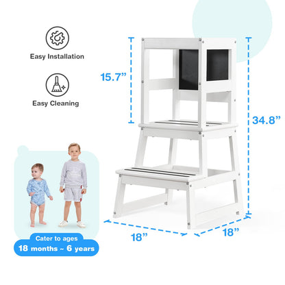 Yojoker Kids Kitchen Step Stool - Toddler Standing Tower, Toddler Kitchen Stool Helper, Montessori Kids Learning Stool with Safety Rail, Anti-Slip Mats and Chalkboard (White)