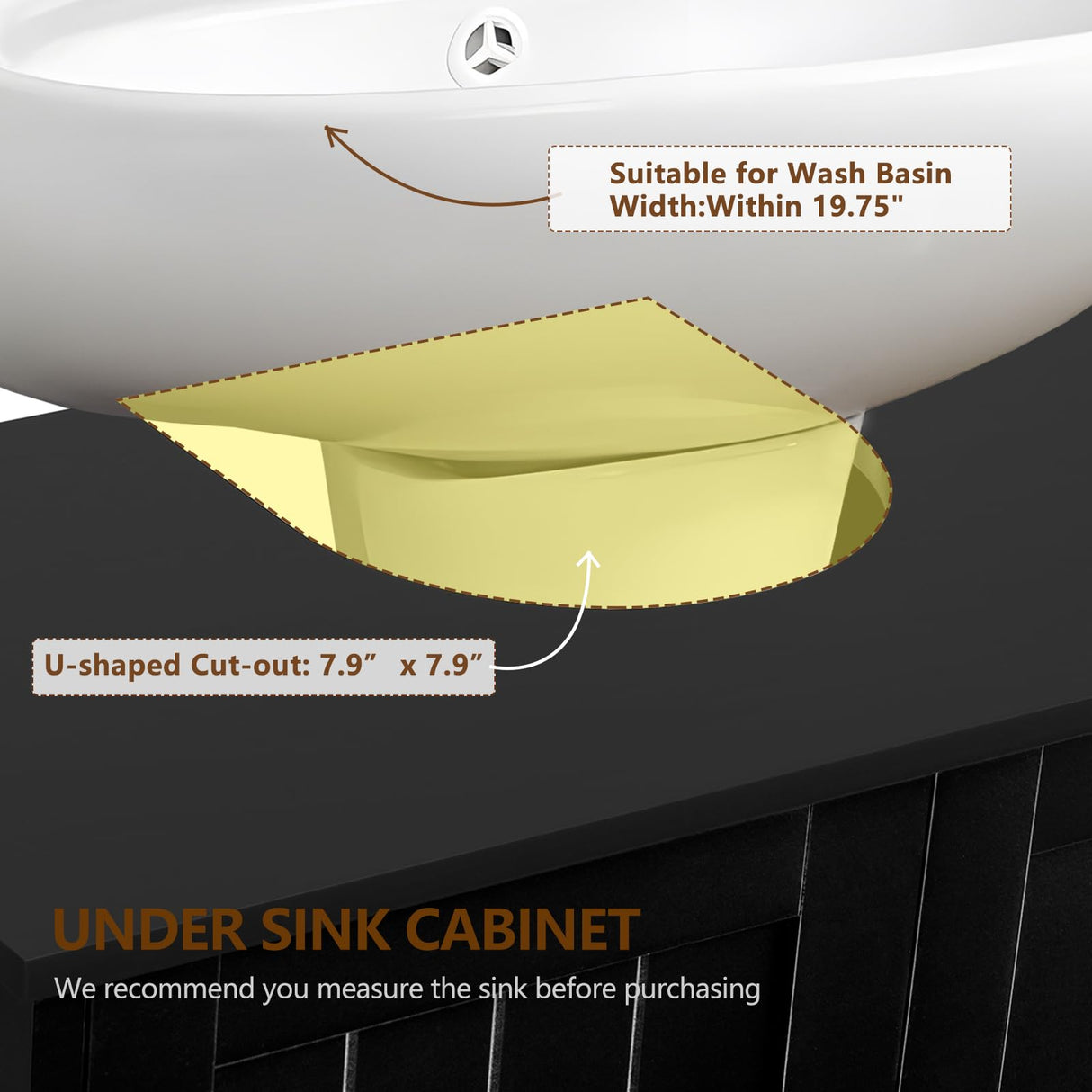 Iwell Pedestal Sink Storage Cabinet with 2 Doors and Shelf, Under Sink Cabinet, Bathroom Sink Cabinet with U-Shape, Black YSG020H Iwell