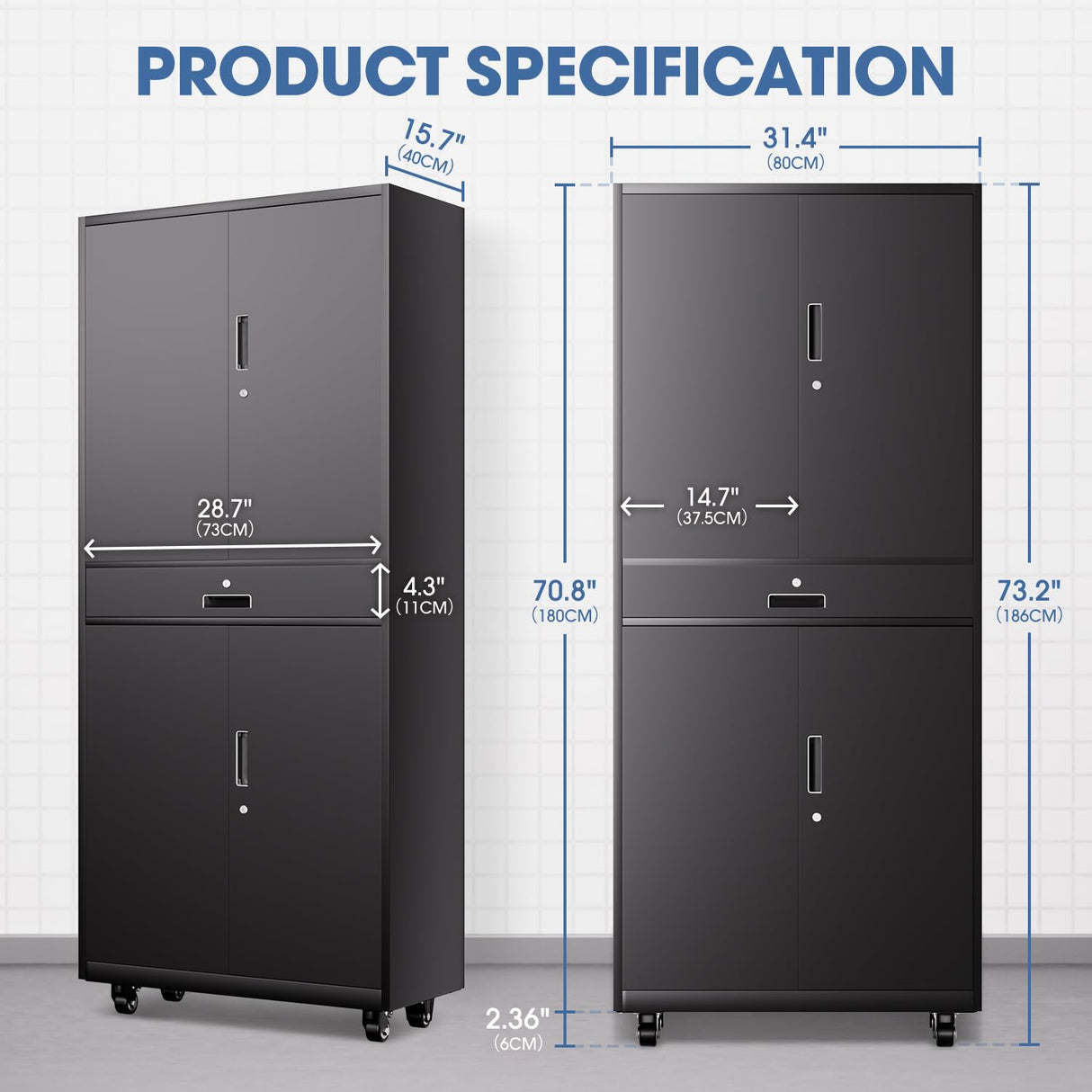 DNA MOTORING Metal Storage Cabinet, 73'' Rolling Garage Cabinet with 1 Drawer and Adjustable Shelves, Lockable Cabinet Heavy Duty Utility Cabinet for Garage,Office,Home,Gym, Black, TOOLS-00630-BK-BK DNA MOTORING