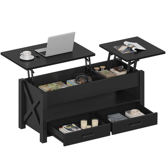 Seventable Coffee Table, 47.2" Lift Top Coffee Table with 2 Storage Drawers and Hidden Compartment, X Wood Farmhouse Support, Retro Center Table with Lift Tabletop for Living Room,Black - WoodArtSupply