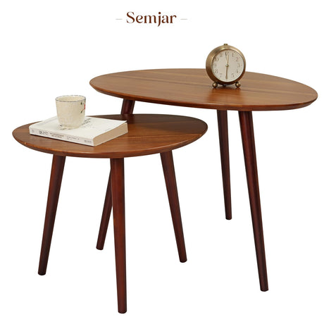 Semjar Small Oval Coffee Tables Set,Acacia Wood Tabletop Nesting Tables（25.6"x17.7"+17.7"x13.4" for Living Room Small Spaces Office,Easy Assembly Minimalist Walnut Mid Century Modern Coffee Table Semjar
