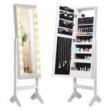 Giantex Standing Jewelry Armoire with 18 LED Lights Around the Door, Large Storage Mirrored Jewelry Cabinet with Full Length Mirror, 16 Lipstick Holders, 1 Inside Makeup Mirror (White) Giantex