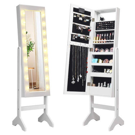 Giantex Standing Jewelry Armoire with 18 LED Lights Around the Door, Large Storage Mirrored Jewelry Cabinet with Full Length Mirror, 16 Lipstick Holders, 1 Inside Makeup Mirror (White) Giantex