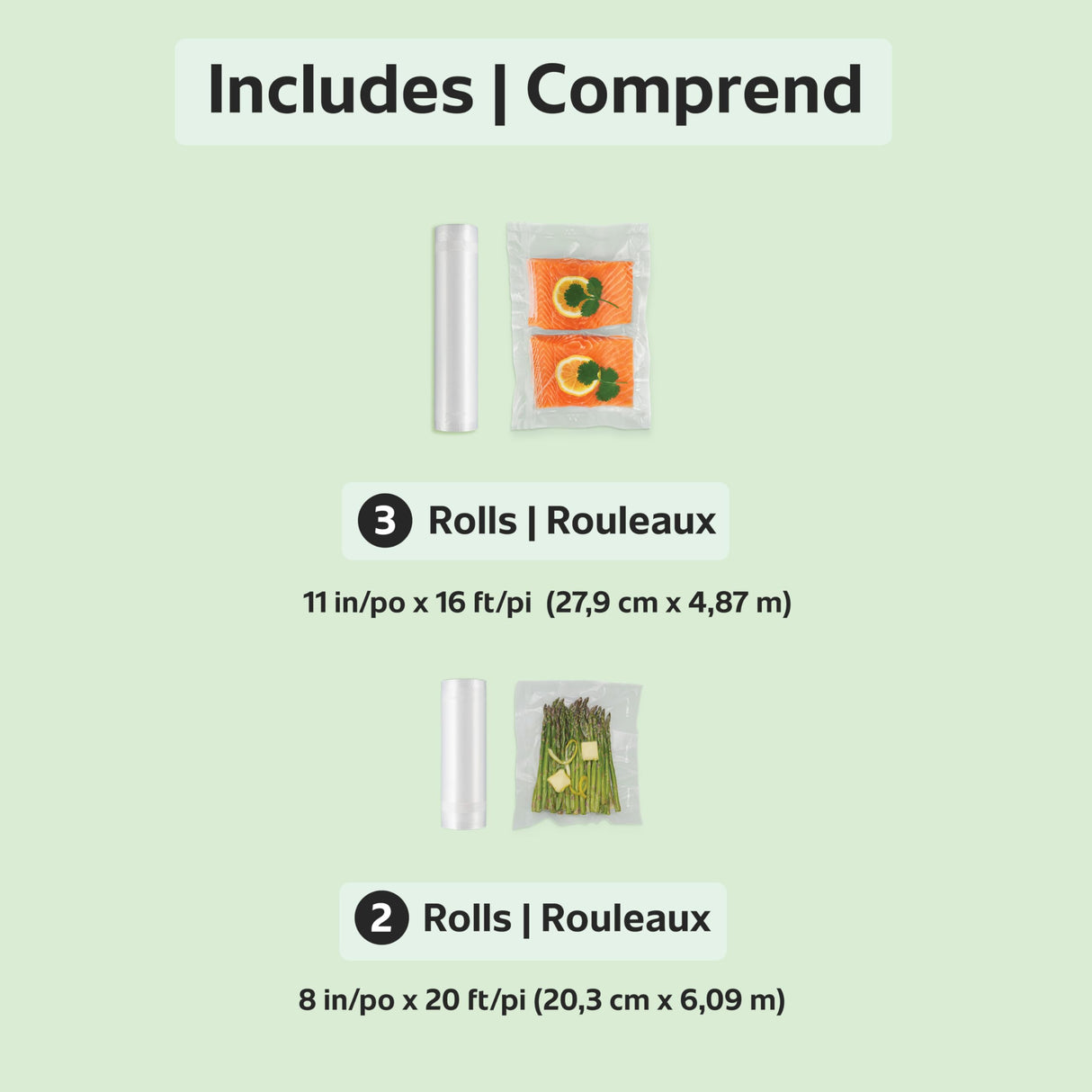 FoodSaver Custom Length Vacuum Sealer Bags Multipack, 5 Count Rolls for Airtight Food Storage and Sous Vide - Compatible with FoodSaver, 8 (2 Pack) and 11 (3 Pack) FOODSAVER