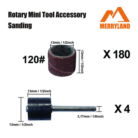 Merryland Drum Sander Sanding Band for Dremel 184pcs, 120# 1/2" Sanding Sleeve 180pcs and Mandrel 4pcs Rotary Tool, Electric Power Tool Accessory DIY, RMTA184C3 Merryland