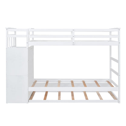 Harper & Bright Designs Twin Over Twin Bunk Bed with Trundle and Staircase, Solid Wood Bunk Bed for Kids Teens Adults (Natural White)