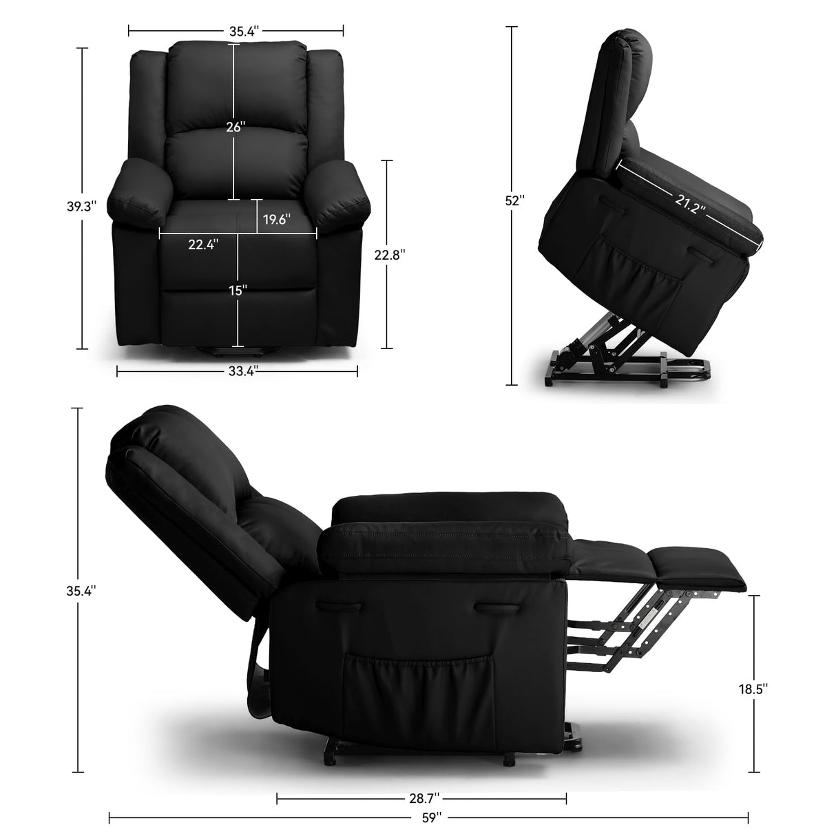 COMHOMA Power Lift Recliner for Elderly, Lift Chair with Heat and Massage，PU Recliner Sofa with 2 Side Pockets and Infinite Position for Living Room, Black COMHOMA
