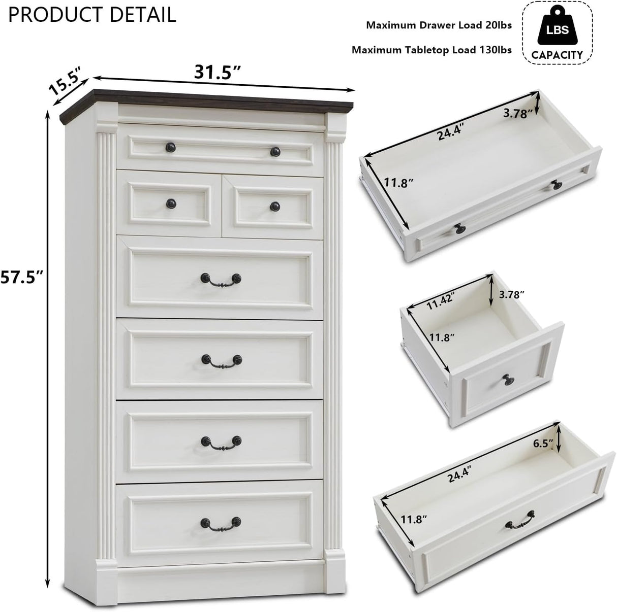 Aitjunz Farmhouse 7 Drawers Dresser for Bedroom, 57" Tall Large Dressers & Chests of Drawers w/Roman Column, Storage Dressers Organizer for Bedroom, Hallway, Living Room, White Aitjunz