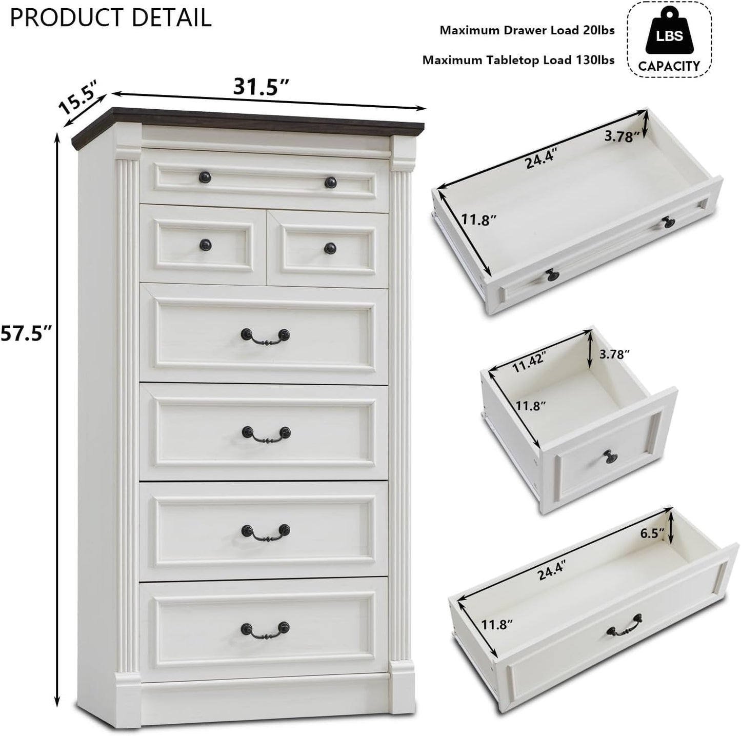 Aitjunz Farmhouse 7 Drawers Dresser for Bedroom, 57" Tall Large Dressers & Chests of Drawers w/Roman Column, Storage Dressers Organizer for Bedroom, Hallway, Living Room, White