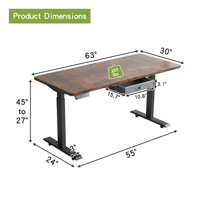 Radlove Dual Motors Height Adjustable 63 x 30'' Electric Standing Desk with Drawer Stand Up Table 4 Memory Keys, Computer Desk with Splice Board Home Office Desk, Rustic Brown Top + Black Fra - WoodArtSupply