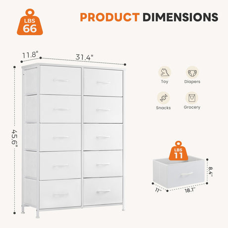 Sweetcrispy 10 Drawer Fabric Dresser Storage Tower with Bins, Tall Chest Organizer for Bedroom Closet Hallway, Steel Frame Wood Top Easy Pull Handles,White Sweetcrispy