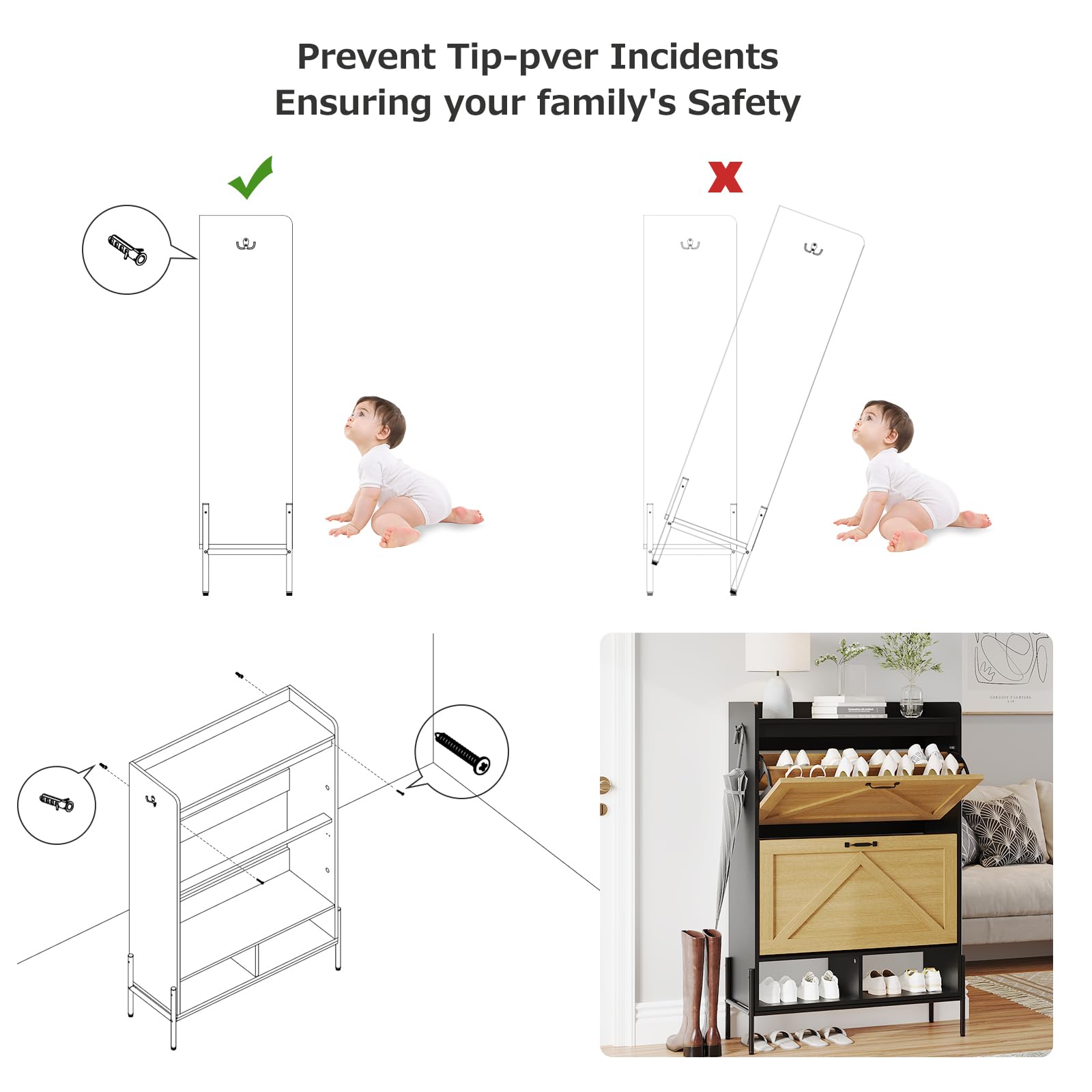 Shoe Cabinet with 2 Flip-Up Drawers, Hidden Shoe Storage Cabinet with Open Storage for Entryway, Shoe Organizer Cabinet with Adjustable Support Stand, Hardware Metal Knob, Natural Door & Blac - WoodArtSupply