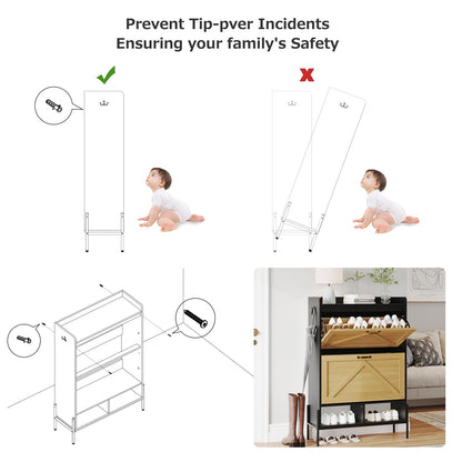 Shoe Cabinet with 2 Flip-Up Drawers, Hidden Shoe Storage Cabinet with Open Storage for Entryway, Shoe Organizer Cabinet with Adjustable Support Stand, Hardware Metal Knob, Natural Door & Blac - WoodArtSupply