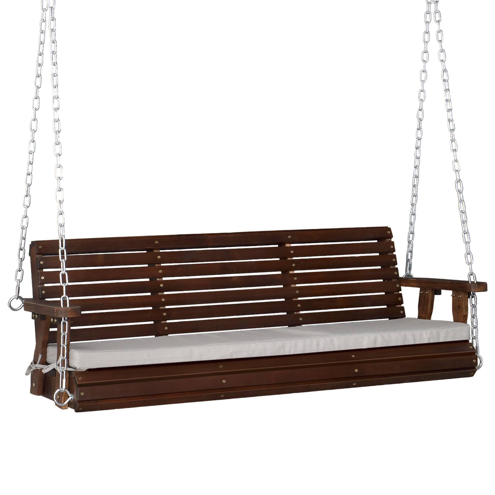 VINGLI Heavy Duty 880 LBS Patio Wooden Porch Swing Outdoor with Extra Cushion, Farmhouse Hanging Bench Tree Swing with Adjustable Chains for Yard | Garden | Lawn | Balcony (5 FT, Rustic) - WoodArtSupply