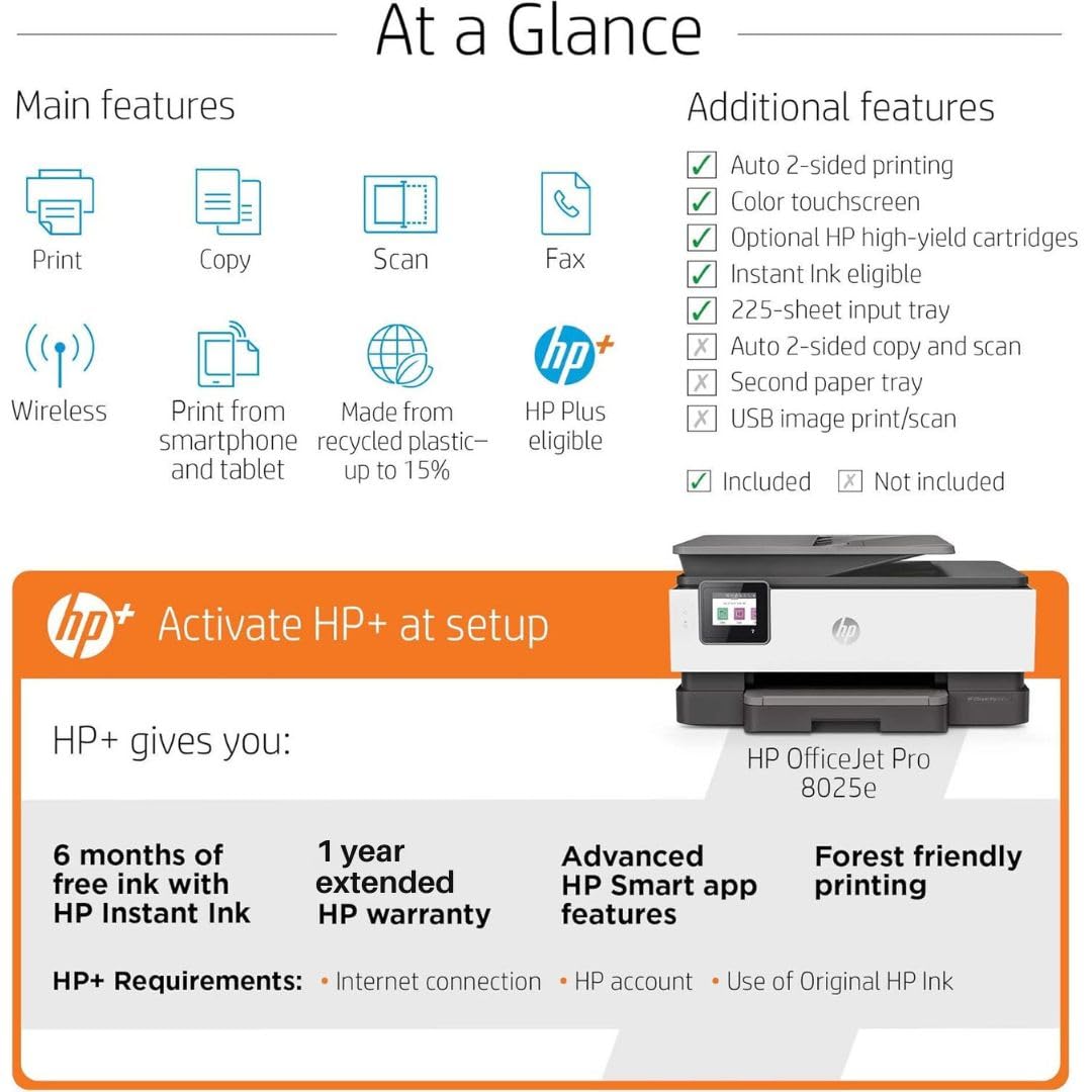 HP OfficeJet Pro 8025e All-in-One Inkjet Wireless Printer Copier Scanner Fax 35 Page ADF Two-Sided 2.7-inch Touchscreen PC Phone Tablet Printers for Home Use Office, Multifunction 1K7K3A (Renewed)