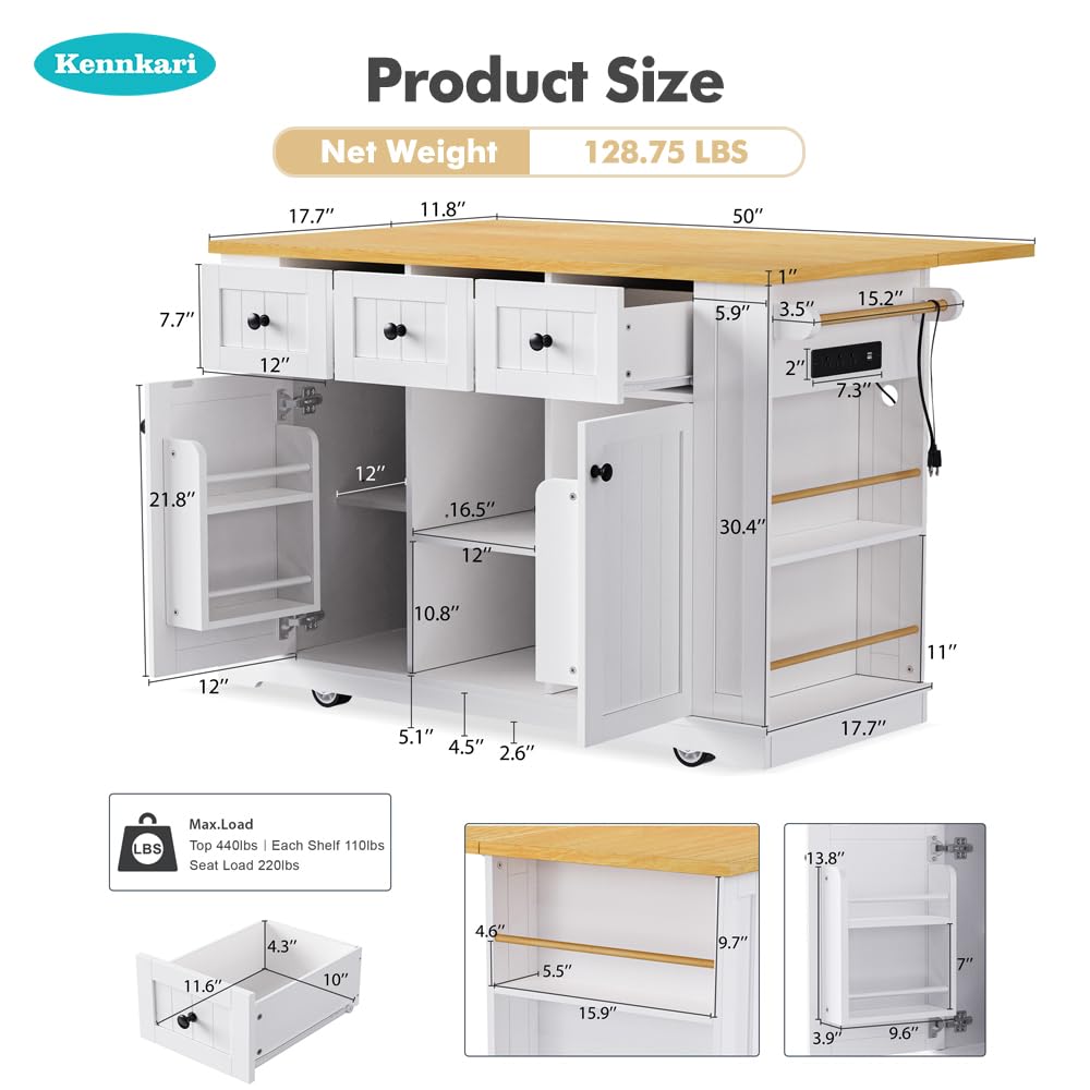 Kennkari Rolling Kitchen Island on Wheels with Drop Leaf, Wide Moblie Kitchen Island with Storage Cabinets and Power Outlet, Large Island Table with Towel Rack and Spice Rack (White) Kennkari