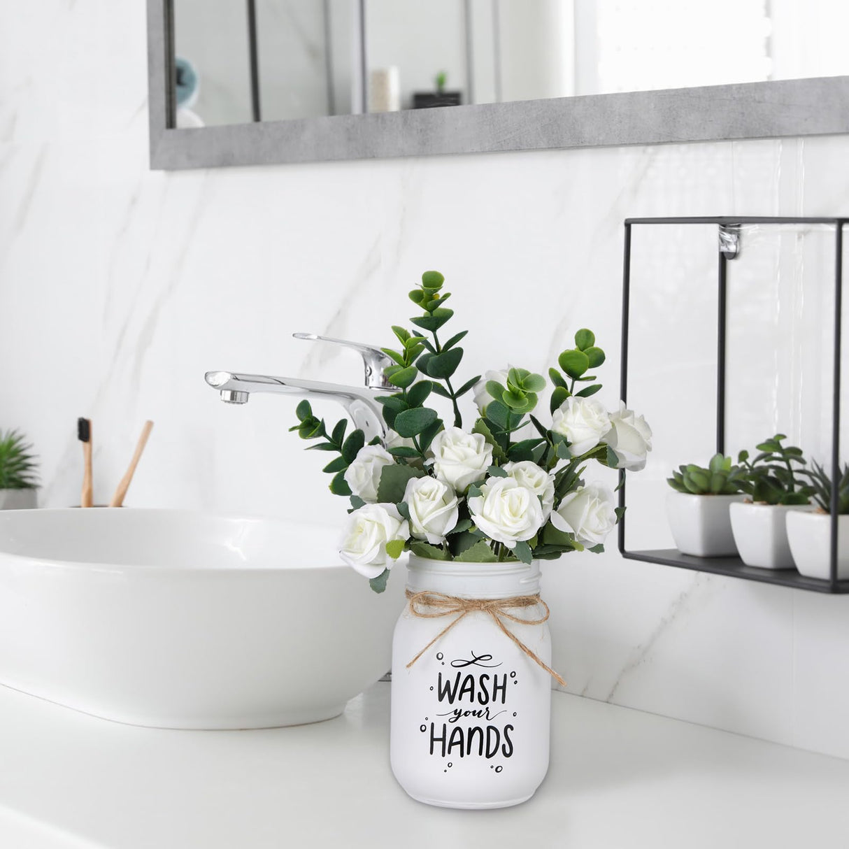 XunYee Farmhouse Bathroom Decor Wash Your Hands Sign Mason Jar with Flowers 16.9 oz White Mason Jar Centerpiece Table Rustic Decor for Restroom Bathroom Shelf Bridal Shower Kitchen XunYee