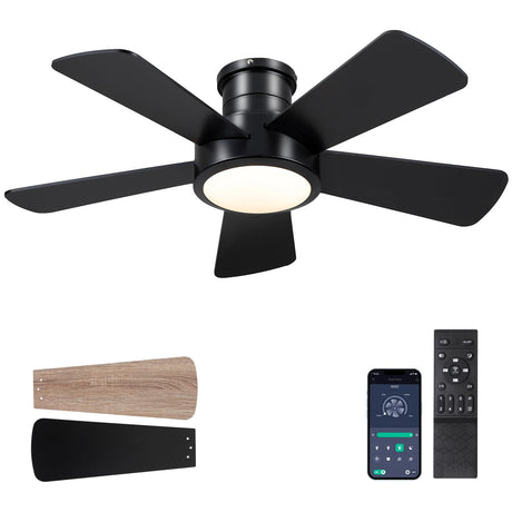 Ceiling Fans with Lights,Modern Low Profile Ceiling Fan with Remote Control,5 Dual-Sided Blades,Reversible DC Motor,40" Black Small Flush Mount Ceiling Fan for Bedroom Indoor/Outdoor Use Hounberi