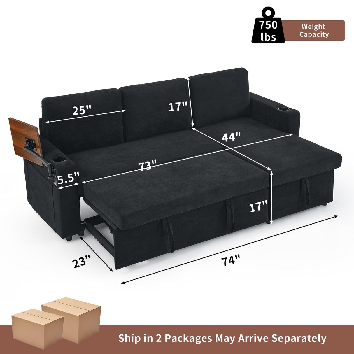 VOHOBY Sleeper Sofa Bed, 85” Pull Out Couch for Living Room with Reversible Storage Chaise,3 in 1 Sofa Couch with Retractable Table | Charging Station | Cup Holder | LED Lighting, Chenille (Black) VOHOBY