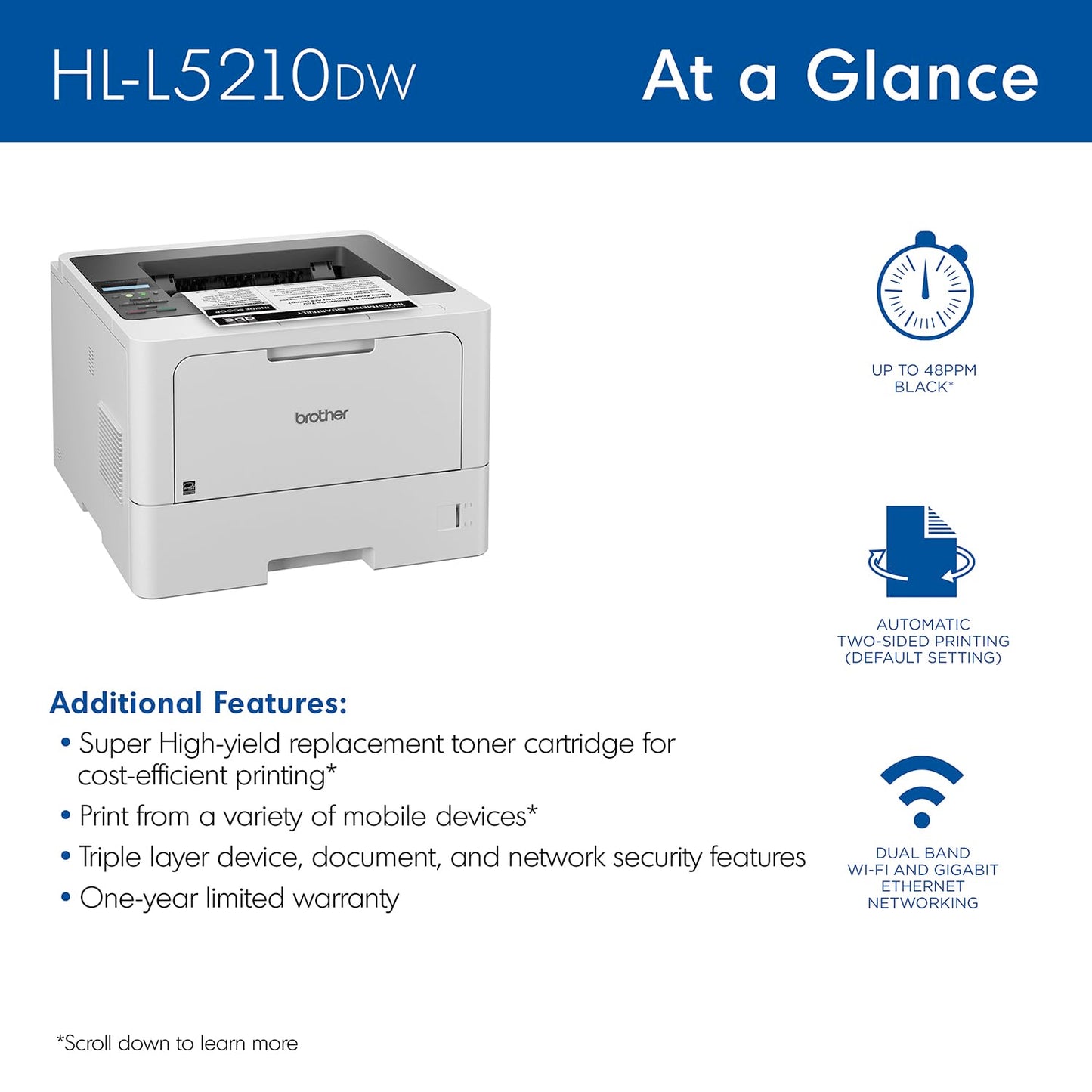 Brother HL-L5210DW Business Monochrome Laser Printer with Duplex Printing, Versatile Paper Handling, Wireless and Gigabit Ethernet Networking, and Mobile Printing