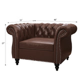 2 Piece Living Room Set, Chesterfield Leather Sofa Couch Chair with Scroll Arms and Nailhead for Living Room, Office (Dark Brown) ORRD