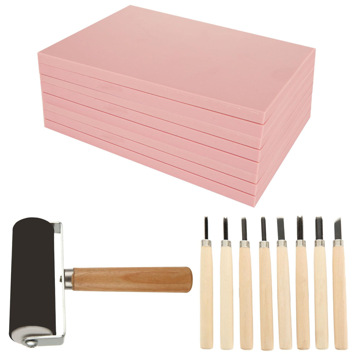 DIRBUY 10 Pack Rubber Stamp Making Kit - Block Printing Kit，Linoleum Carving Tools with 8 Type Blades, 8 Pcs Pink Rubber Carving Block and Rubber Brayer Roller DIRBUY