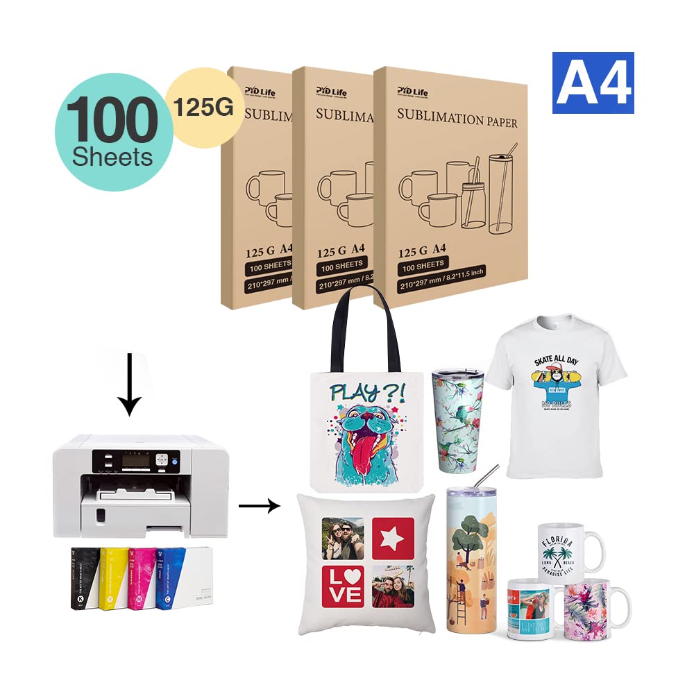 PYD Life Sublimation Paper 8.2 x 11.5 Inch A4 Size,100 Sheets,Heat Transfer Paper for Sublimation Blanks Mugs Tumblers Water Bottles T-shirt Bags Use Sublimation Ink 125 g PYD Life
