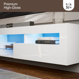 IKIFLY LED Floating TV Stand for 85+ inch TV, White High Glossy Wall Mounted Haning TV Stand with 2 Cabinets, Modern Floating Entertainment Center Console Shelf for Living Room, Bedroom IKIFLY