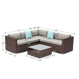 COSIEST 4-Piece Outdoor Furniture Set All-Weather Brown Wicker Sectional Sofa w Warm Gray Thick Cushions, Glass Coffee Table, 2 Teal Pattern Pillows COSIEST