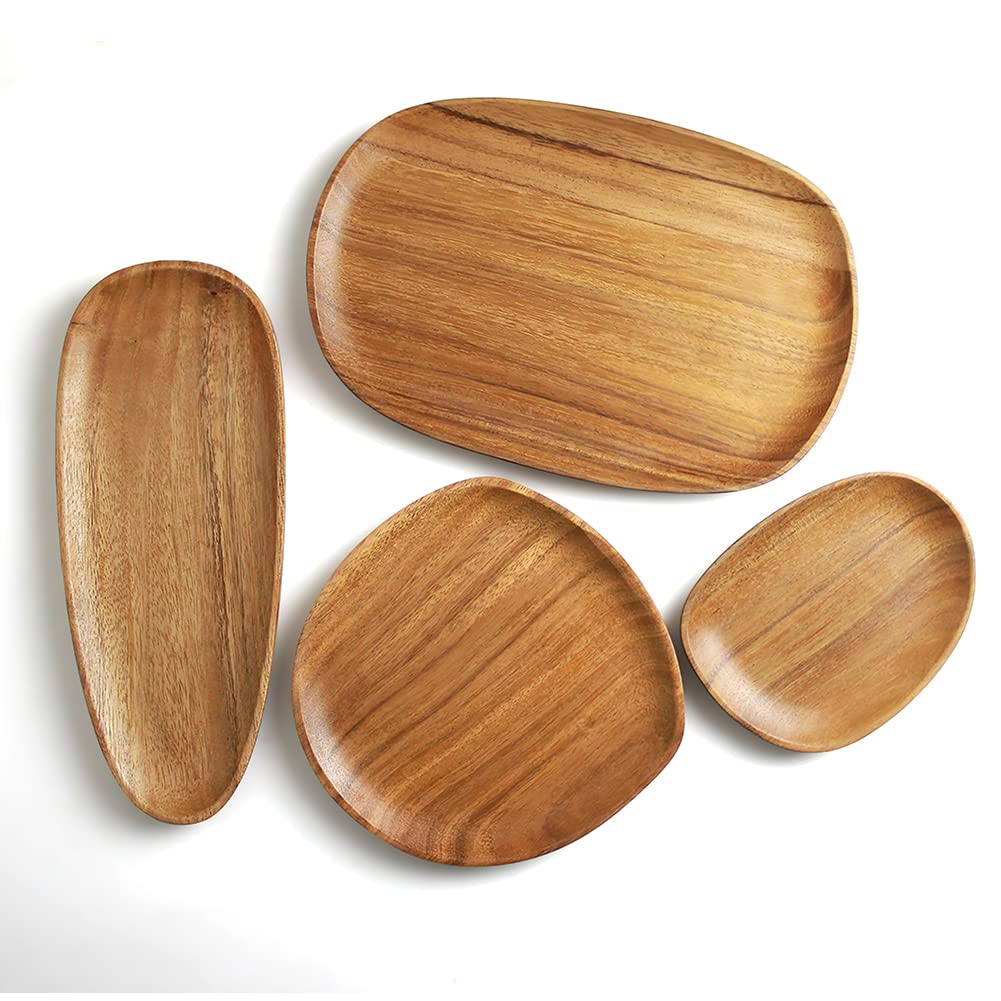 AOOSY Wood Serving Tray, Wooden Serving Platters Set for Serving Food, Fruit, Vegetable, Meat Breakfast Lunch Dinner in Bed Decorative Bread Plates Party Wood Serving Board, Set of 4 AOOSY