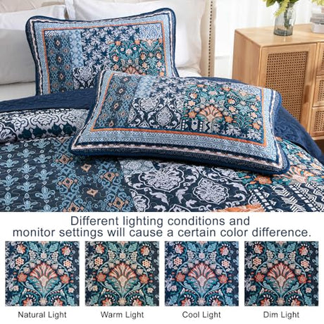WONGS BEDDING Navy Blue Quilt Set King Size,Bohemian Patchwork Bedspread Coverlet Set, Reversible Farmhouse Floral Pattern Bedspreads Bedding Set for All Seasons (104"x90") WONGS BEDDING