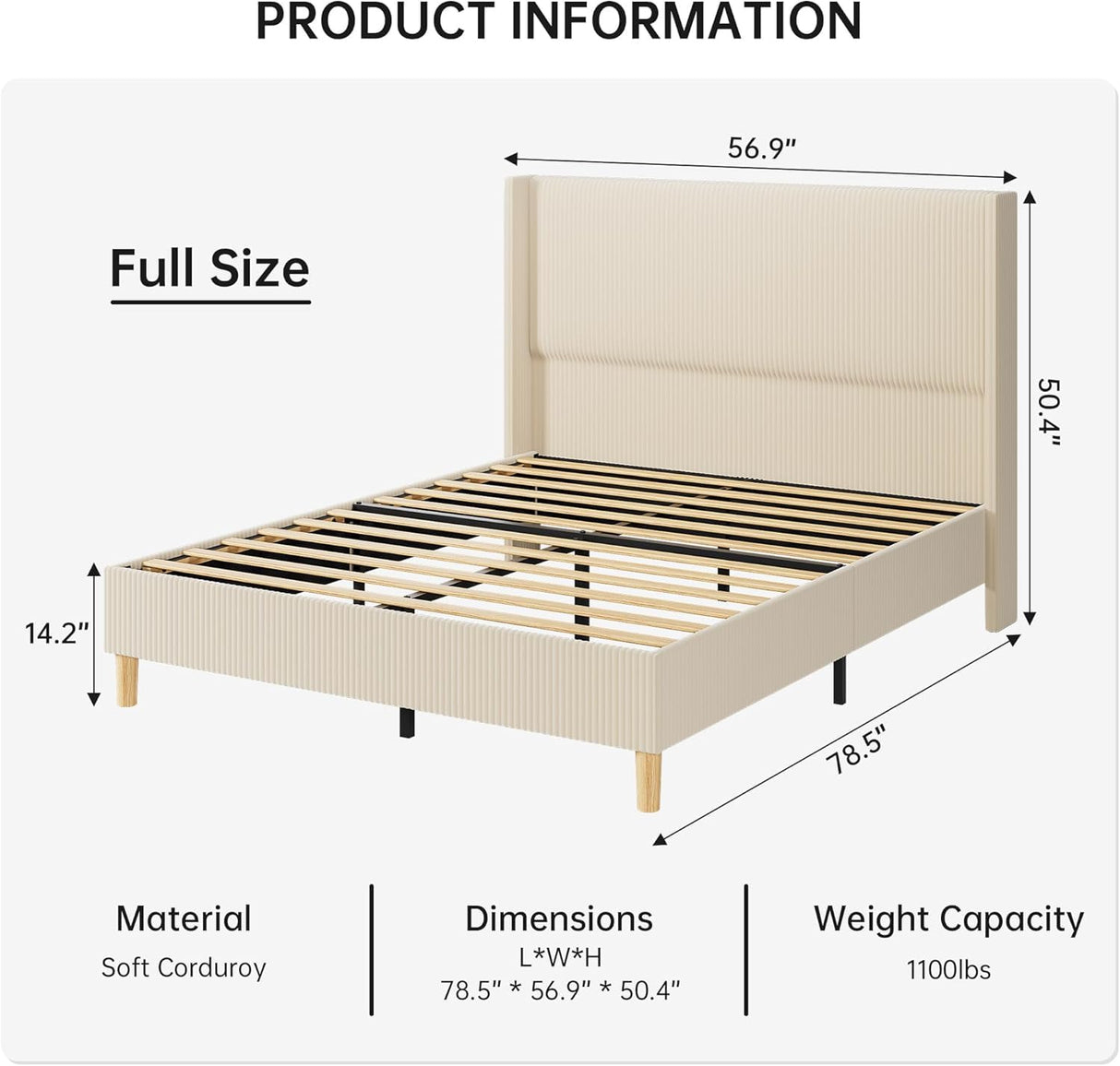 GarveeHome Full Size Bed Frame, Upholstered Platform Corduroy Bed Frame with Vertical Channel Tufted Wingback Headboard, Strong Wooden Slats, No Box Spring Needed, Easy Assembly, Creamy Beige GarveeHome