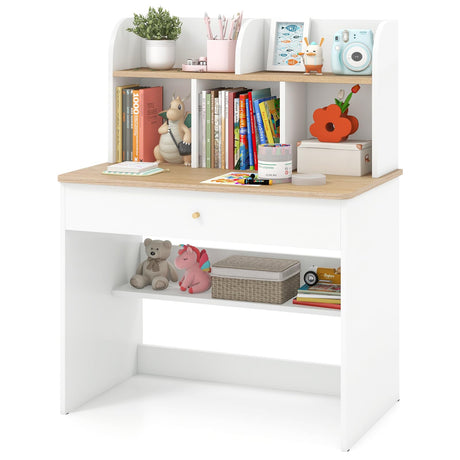 HONEY JOY White Kids Desk, Wooden Children School Study Table with Hutch, Pull-Out Drawer, Storage Shelves, Student Writing Desk Computer Workstation for Bedroom, 3+ Years Old HONEY JOY