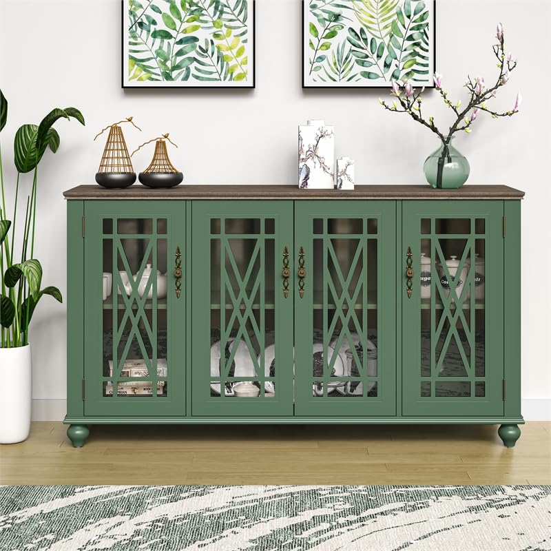 LIVILAND 63" Vintage Style Wood Kitchen Accent Buffet Sideboard Cabinet - Green - WoodArtSupply