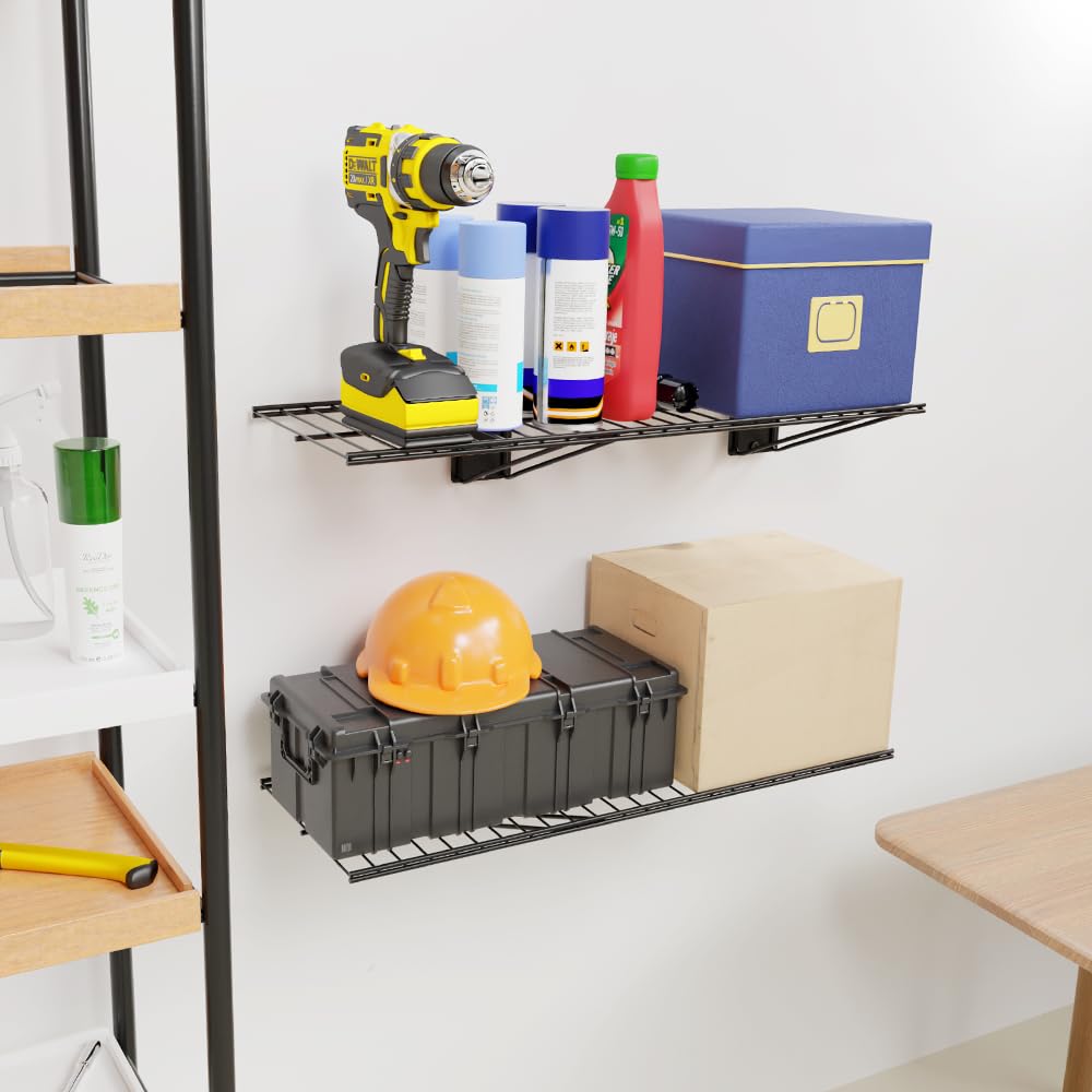 BELLO YON Wall Shelf 24'' x 11'' Garage Wall Mounted Storage Shelves, Heavy Duty Metal Wire Wall Shelving Storage Rack for Garage, Office, Basement, Max Load 90lb,Black, 2-Pack BELLO YON